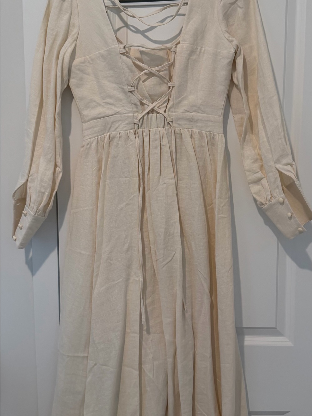 Long-Sleeve Cream Button-Front Midi Dress with Ruffled Neckline - Picture 2 of 8